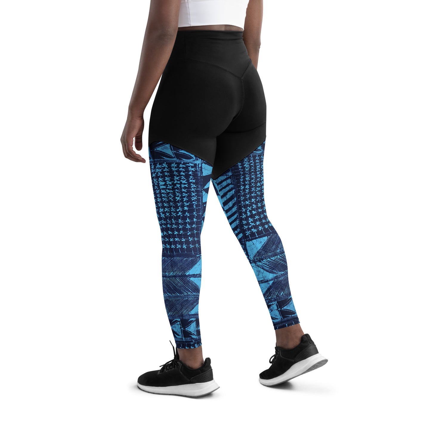 Black And Turquoise Shapes Adire Sports Leggings