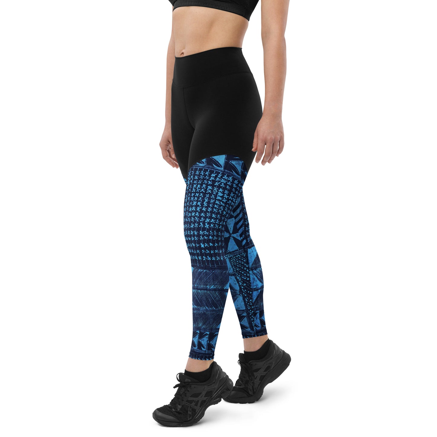 Black And Turquoise Shapes Adire Sports Leggings