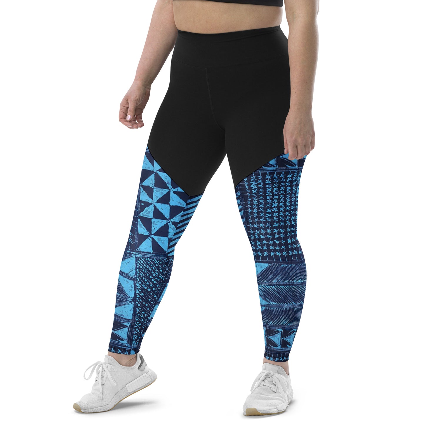 Black And Turquoise Shapes Adire Sports Leggings