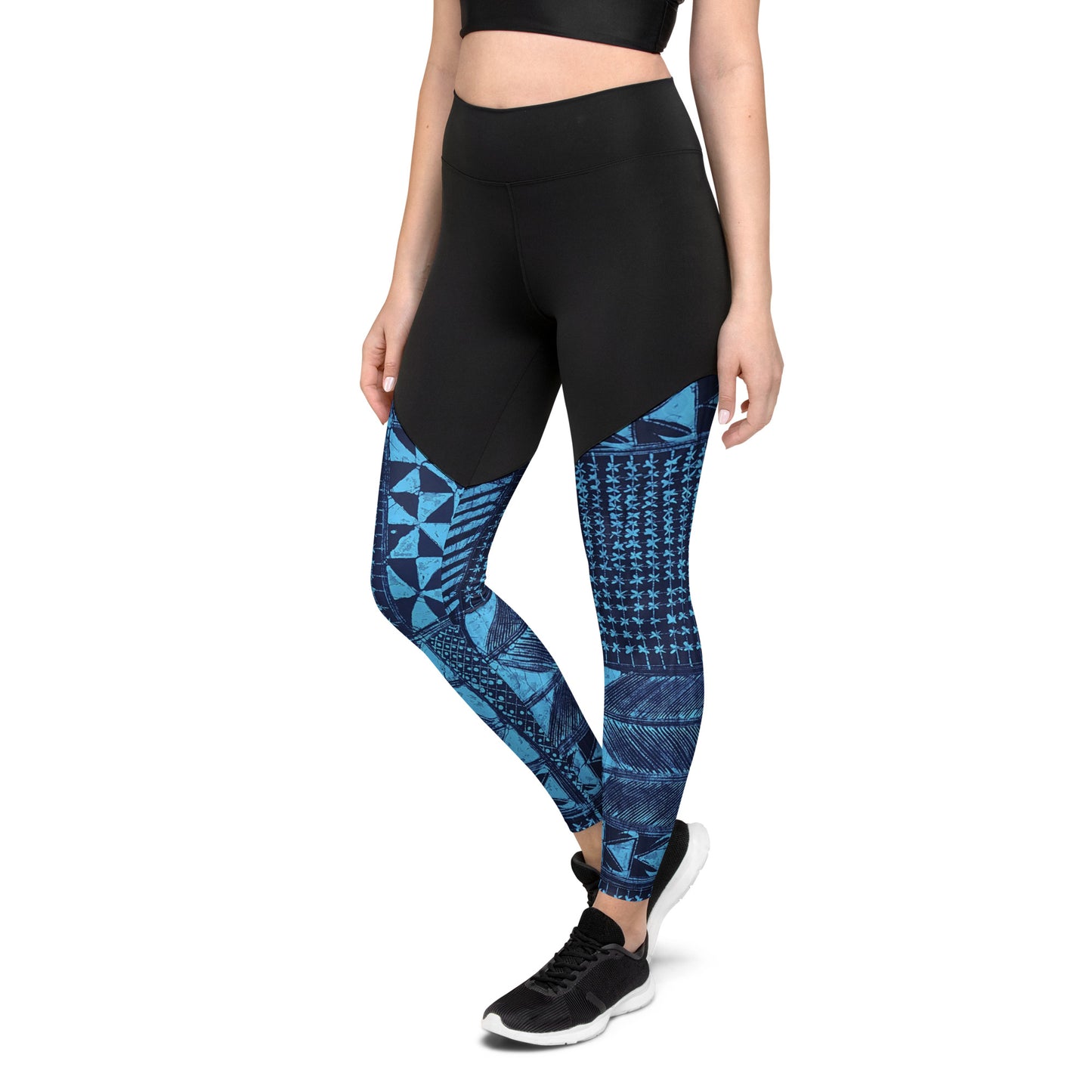 Black And Turquoise Shapes Adire Sports Leggings