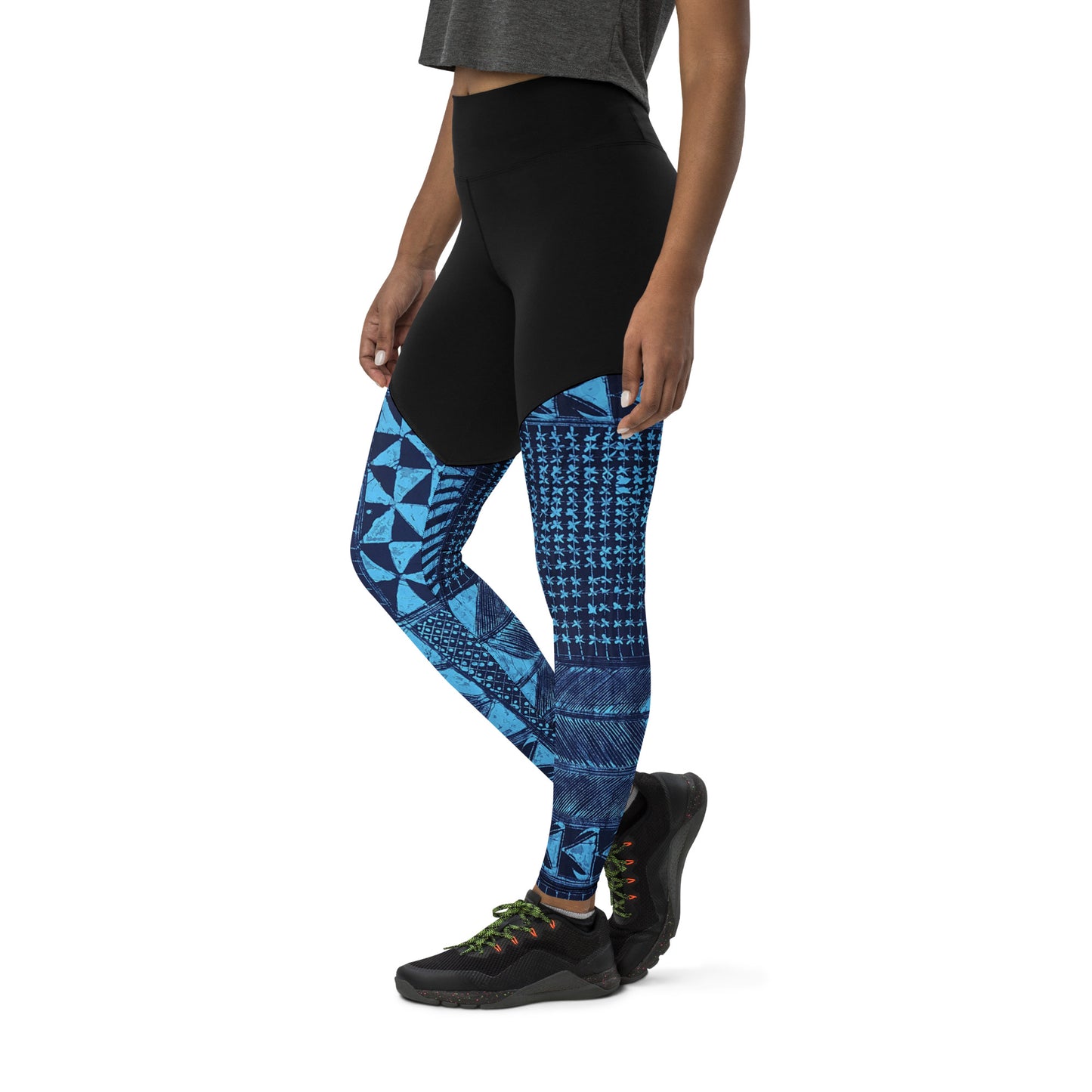 Black And Turquoise Shapes Adire Sports Leggings