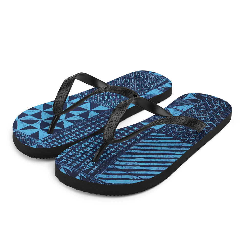 Black And Turquoise Shapes Adire Flip-Flops