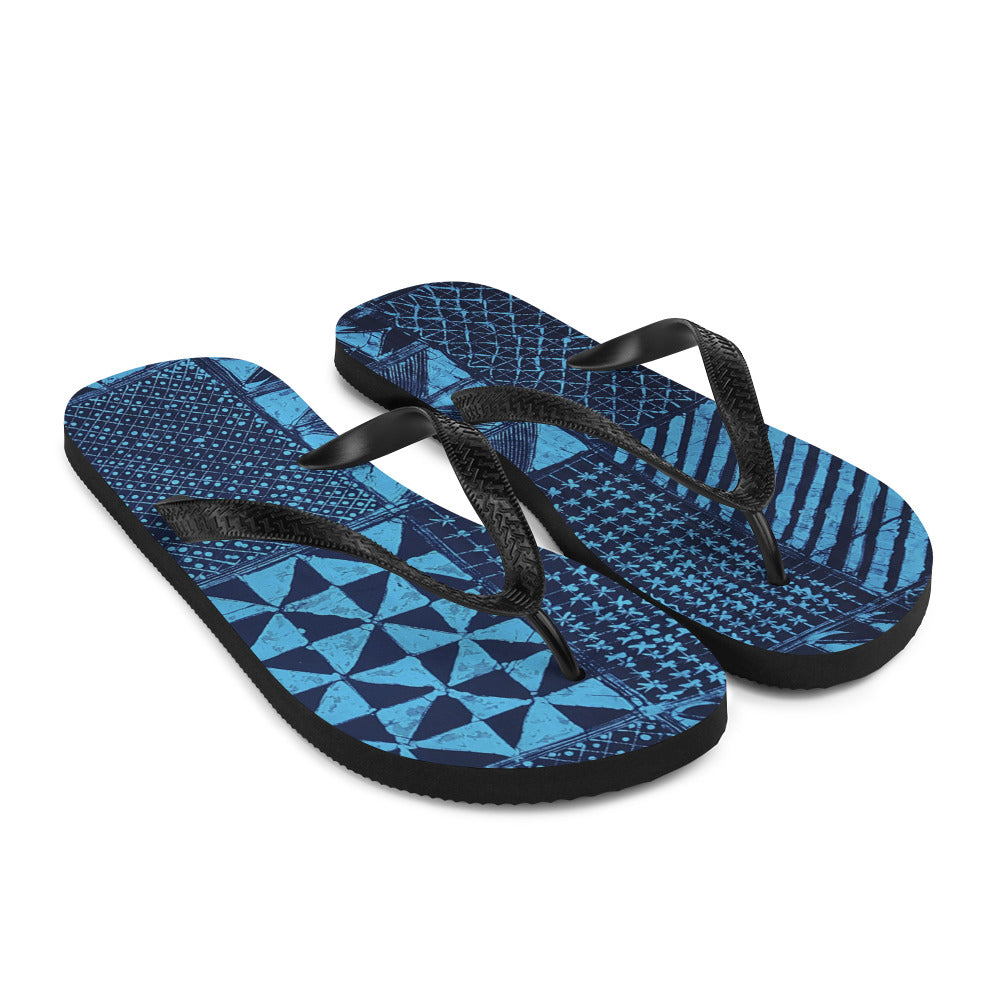 Black And Turquoise Shapes Adire Flip-Flops