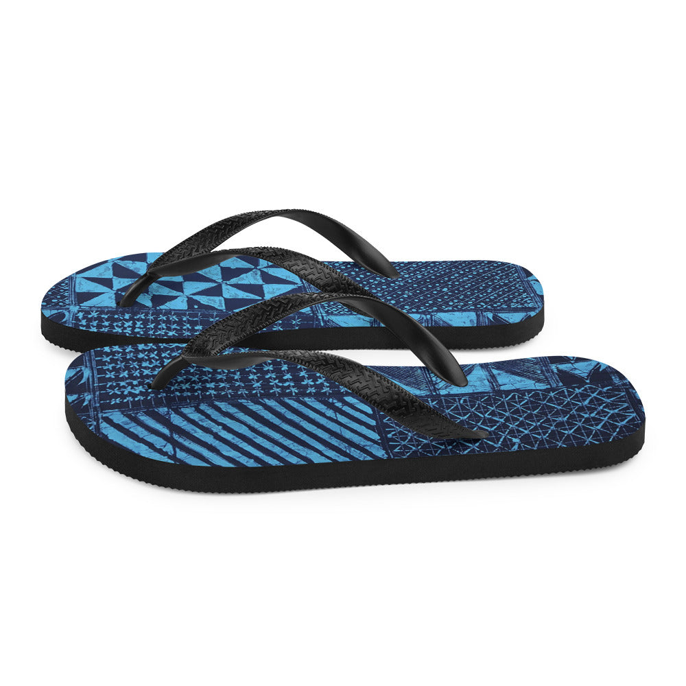 Black And Turquoise Shapes Adire Flip-Flops