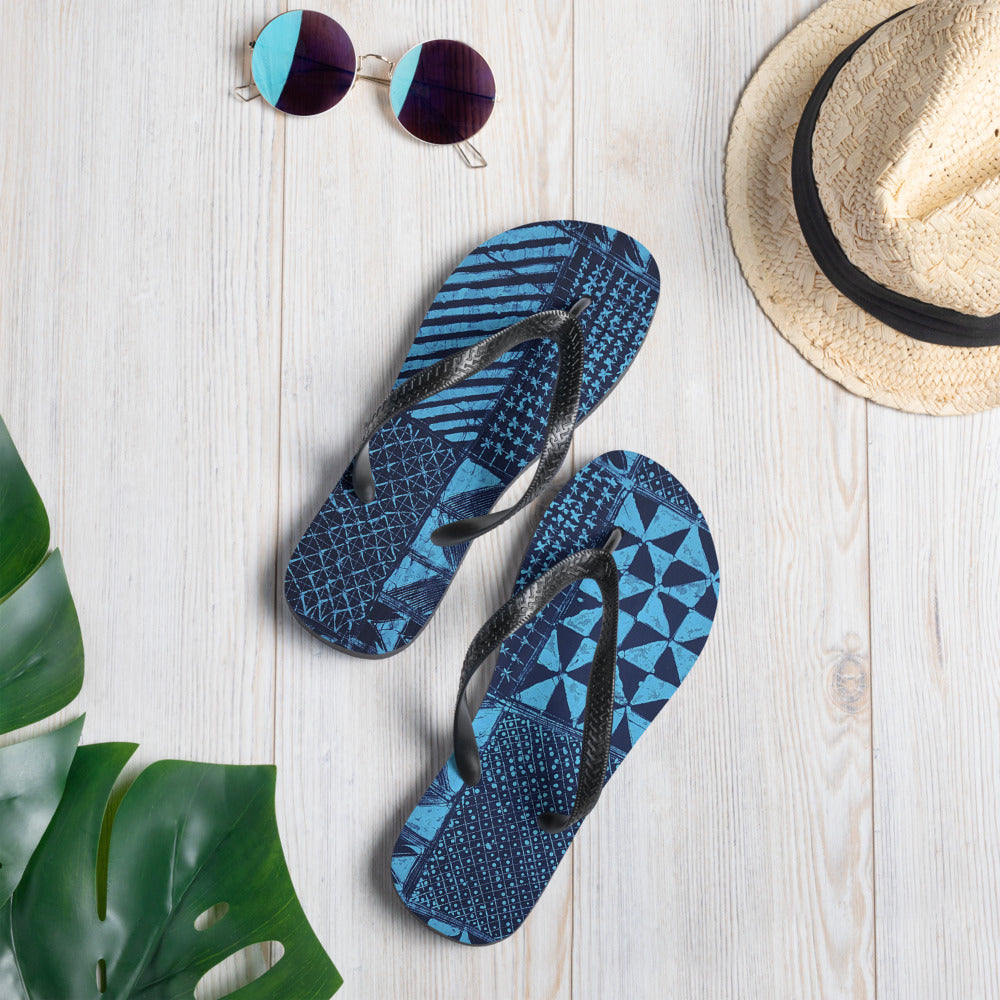 Black And Turquoise Shapes Adire Flip-Flops