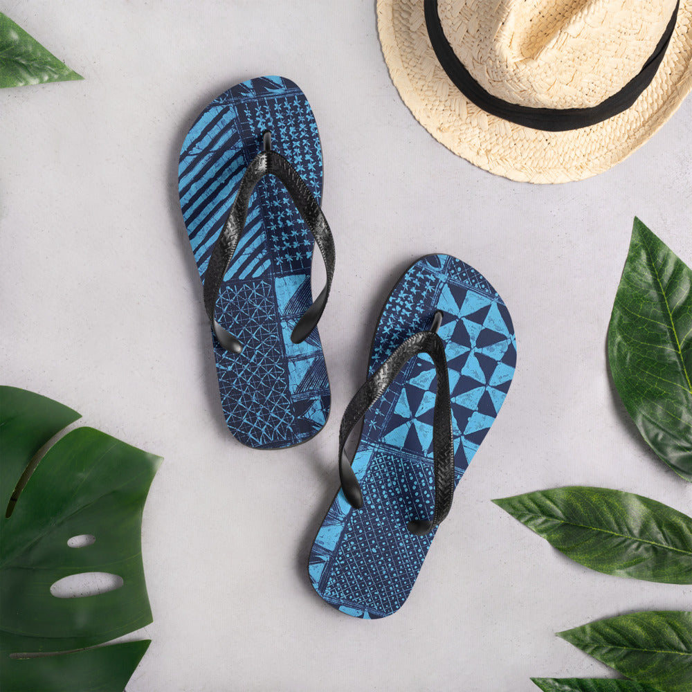 Black And Turquoise Shapes Adire Flip-Flops