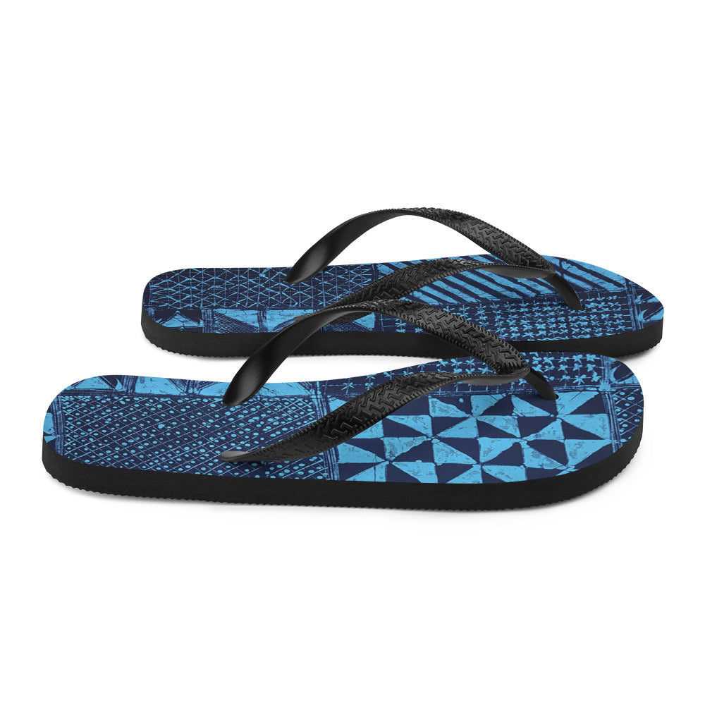 Black And Turquoise Shapes Adire Flip-Flops