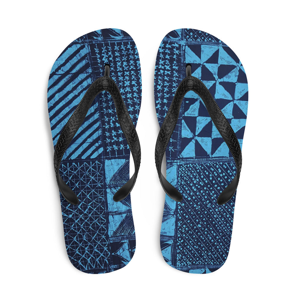 Black And Turquoise Shapes Adire Flip-Flops