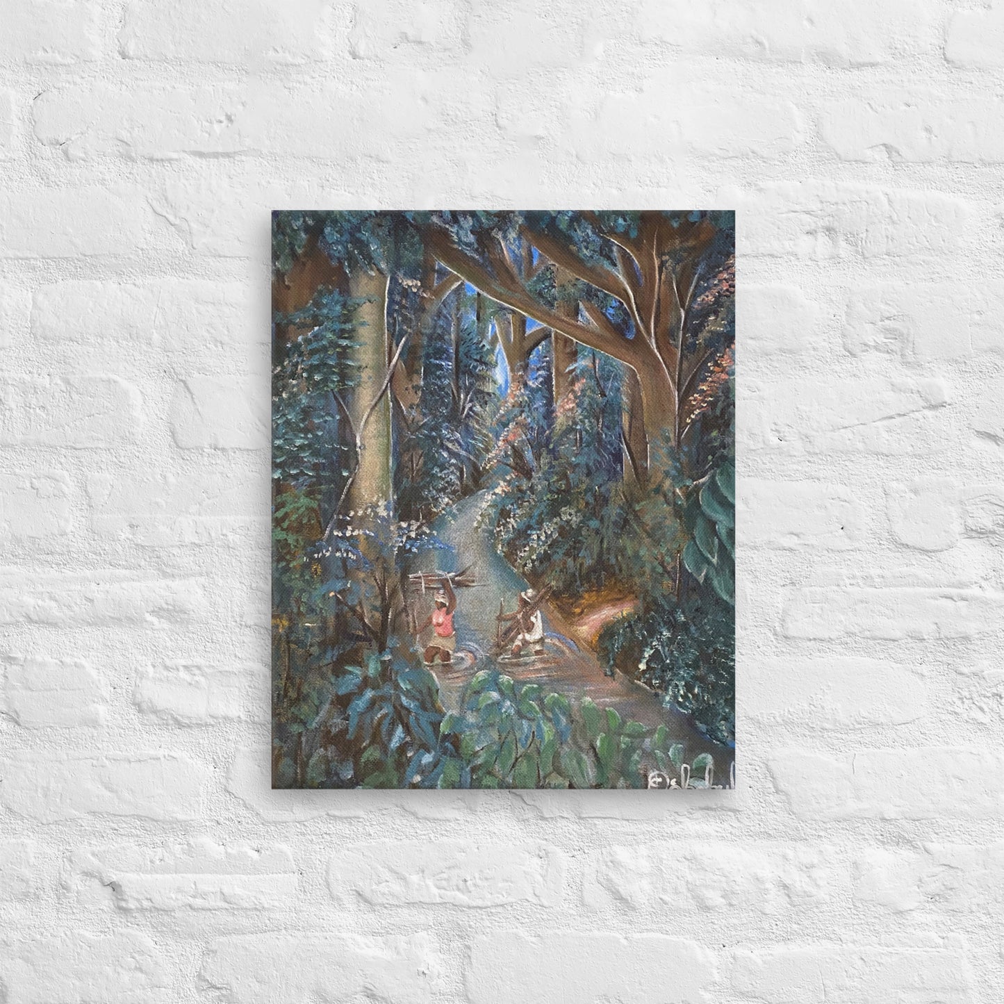 Crossing Stream In Lush Rain forest Thin Canvas