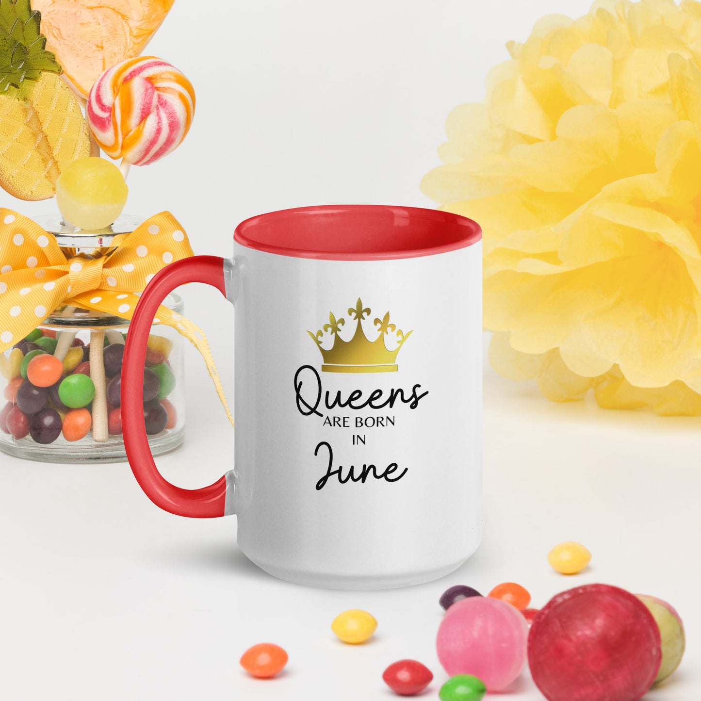 Queens Are Born In June Mug with Color Inside Birthday Gift