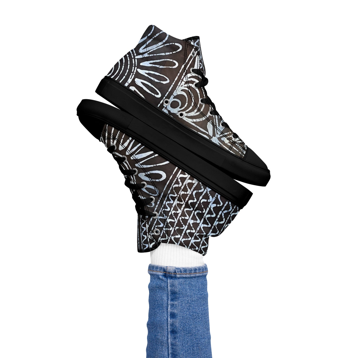 Abstract Cyan Blue Adire Women’s high top canvas shoes