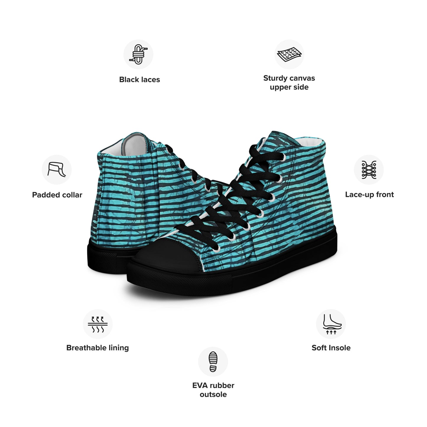 Aqua Black Stripes Adire Women’s high top canvas shoes