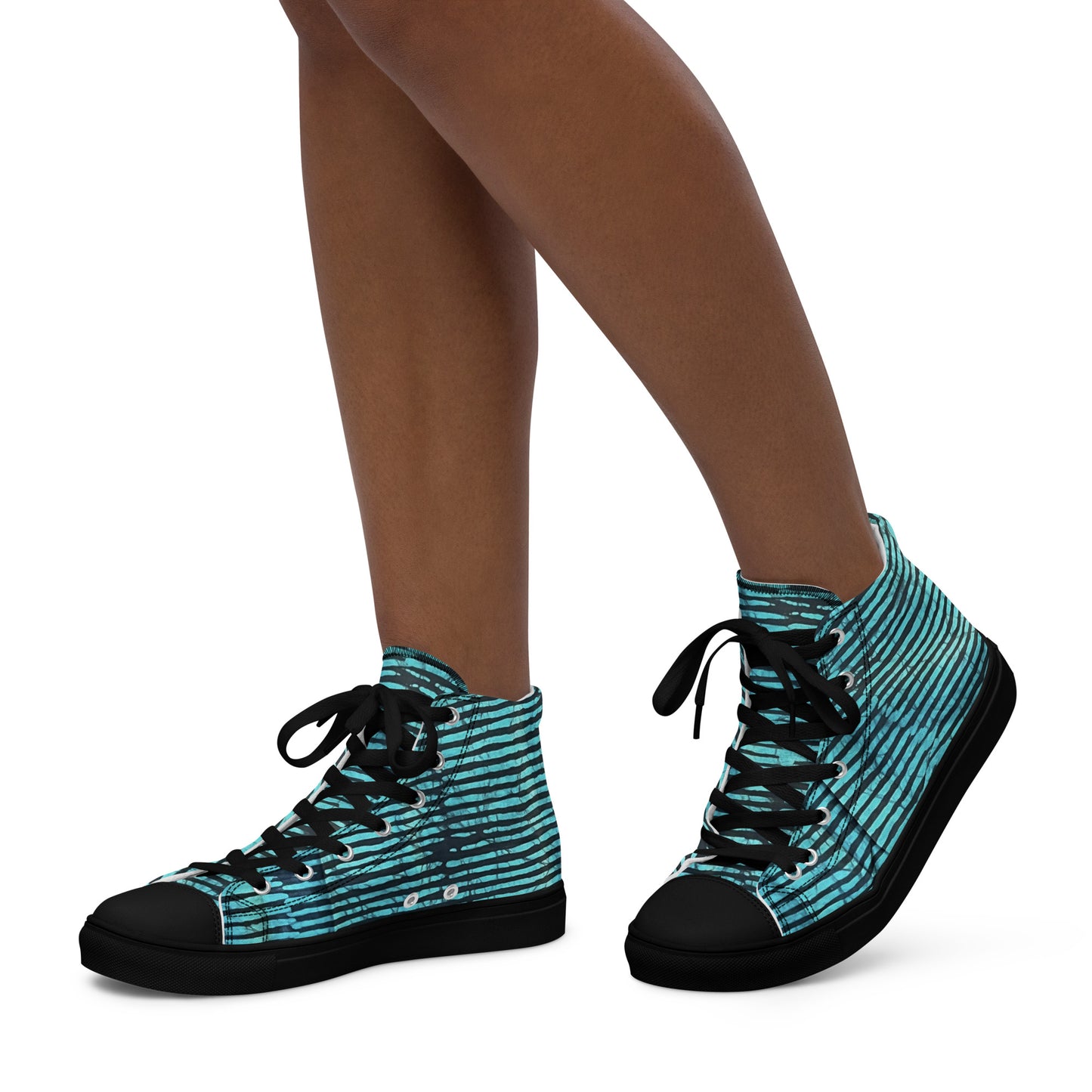 Aqua Black Stripes Adire Women’s high top canvas shoes