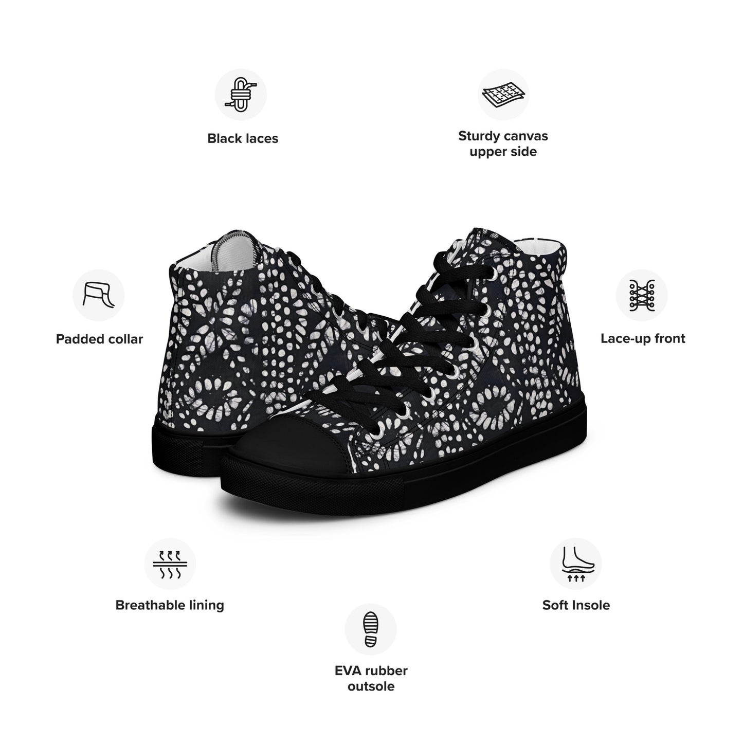 Black & White Abstract Aztec Adire Women’s high top canvas shoes