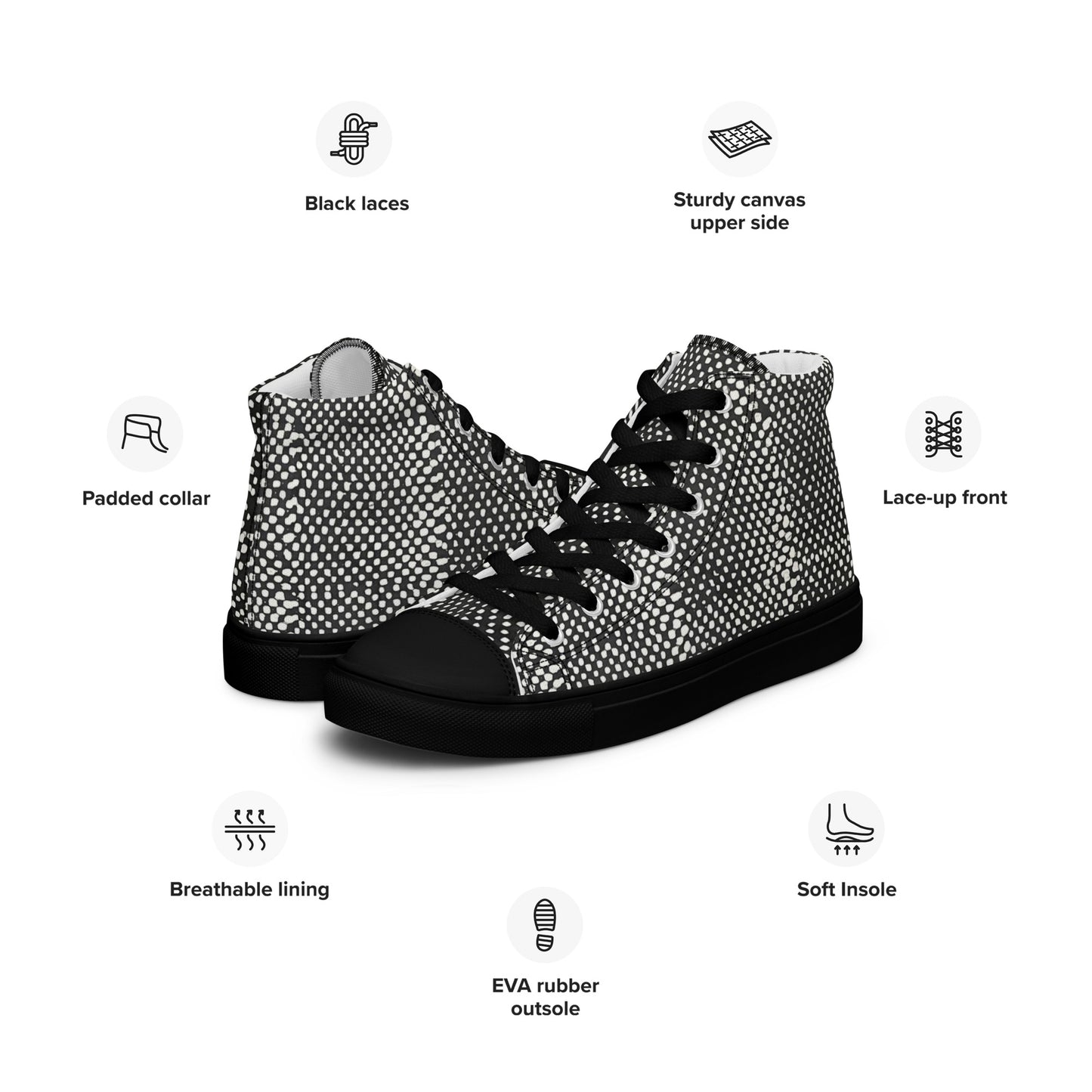 Black White Polka Dots Adire Women’s high top canvas shoes