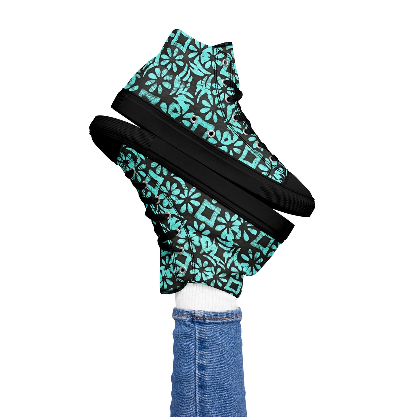 Aqua Abstract Shapes Adire Women’s high top canvas shoes