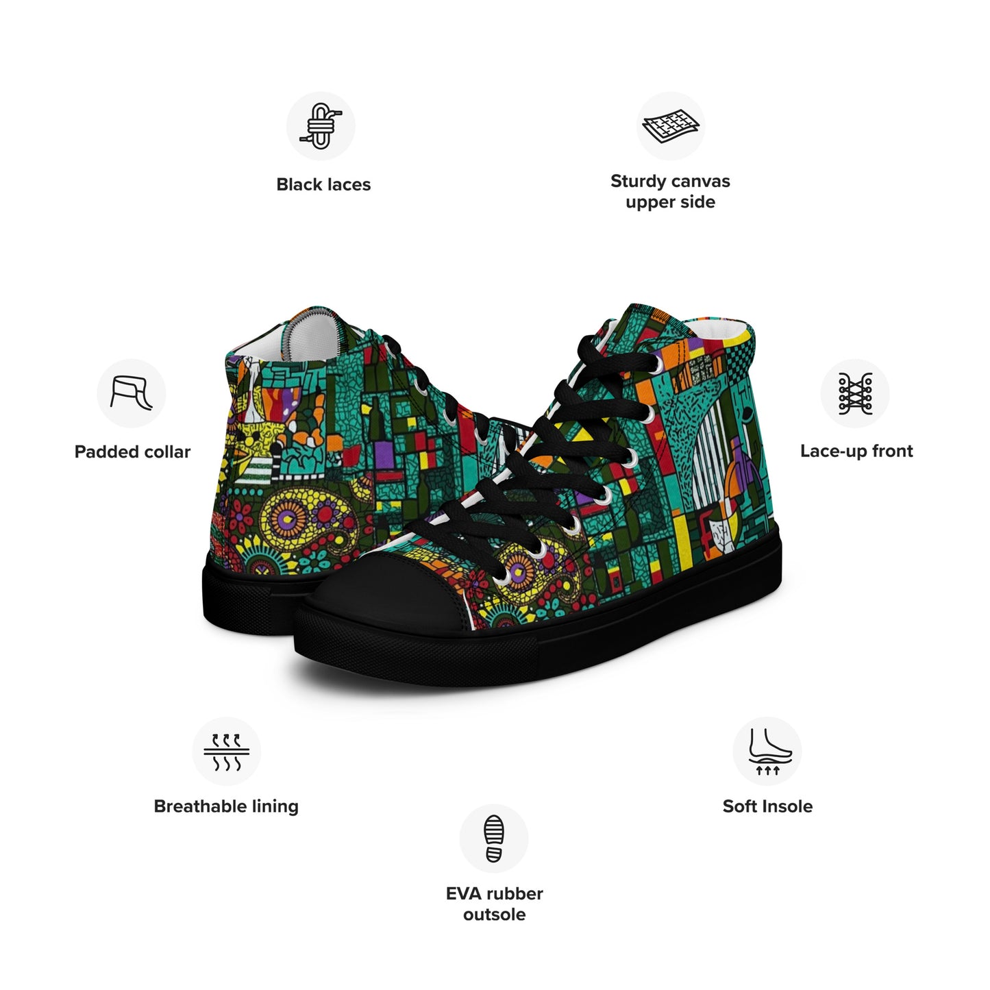 Colourful Green Plants Floral Vase Wine Glass Print Ankara Women’s high top canvas shoes