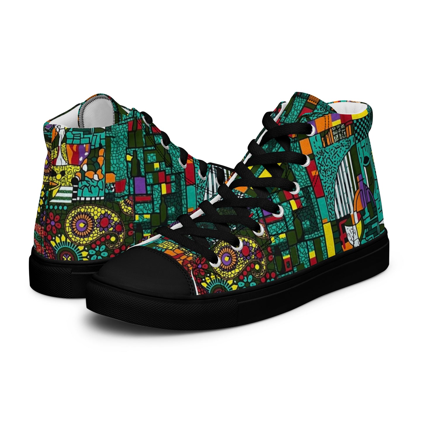 Colourful Green Plants Floral Vase Wine Glass Print Ankara Women’s high top canvas shoes