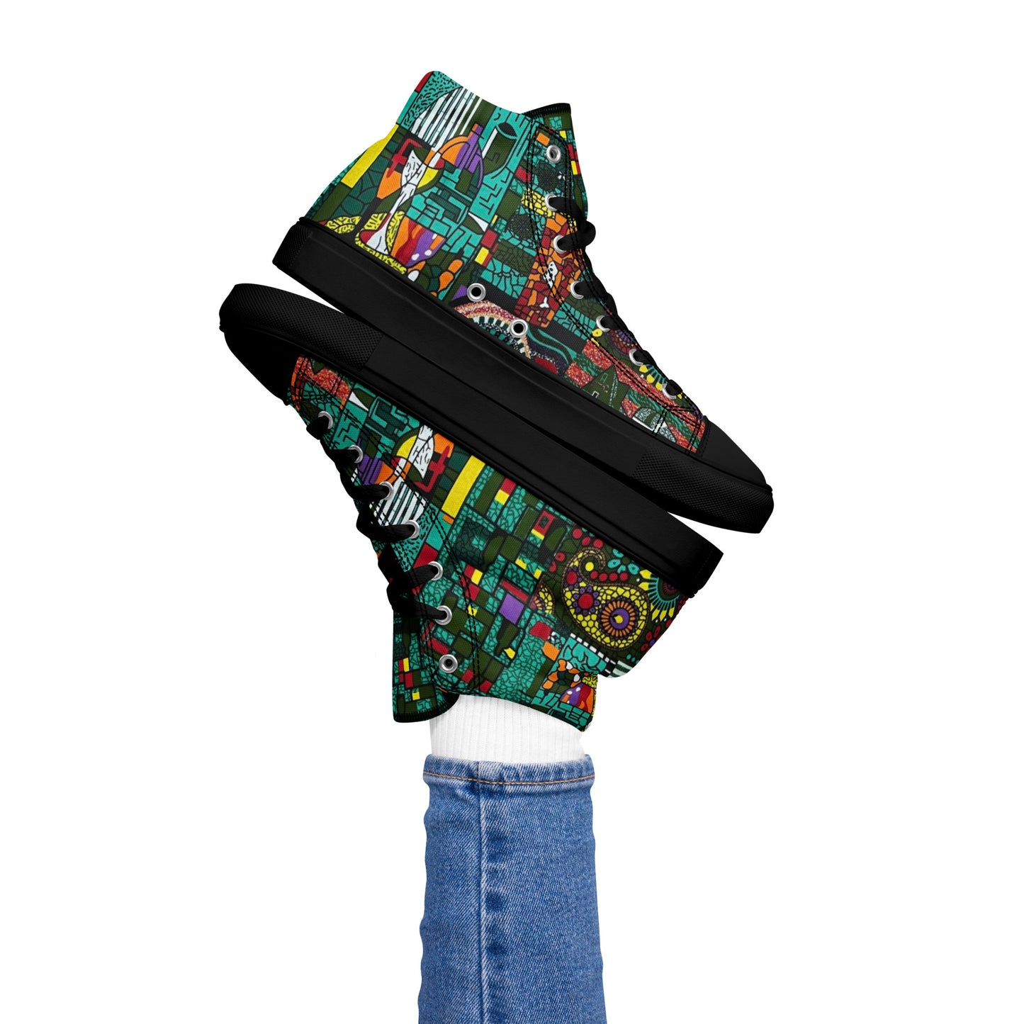 Colourful Green Plants Floral Vase Wine Glass Print Ankara Women’s high top canvas shoes