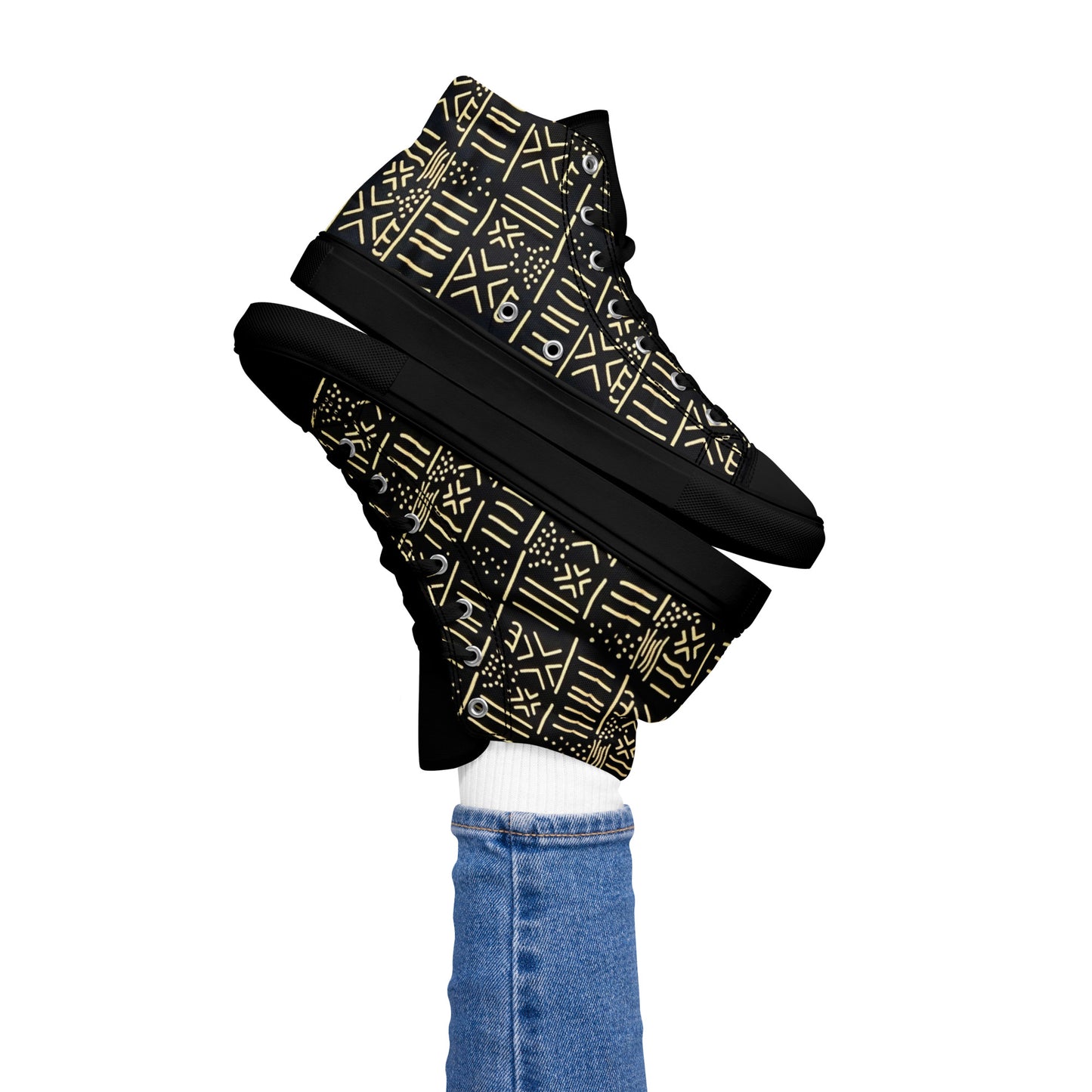 Cream Black African Print Women’s high top canvas shoes