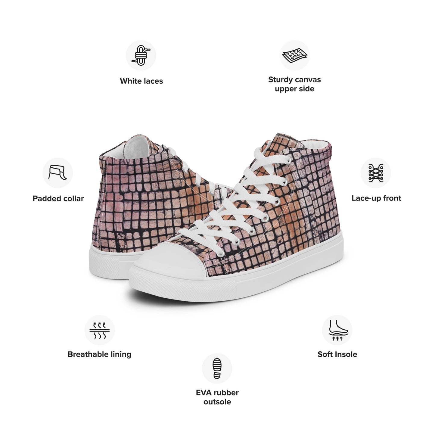 Pink Checked Adire Women’s High Top Canvas Shoes