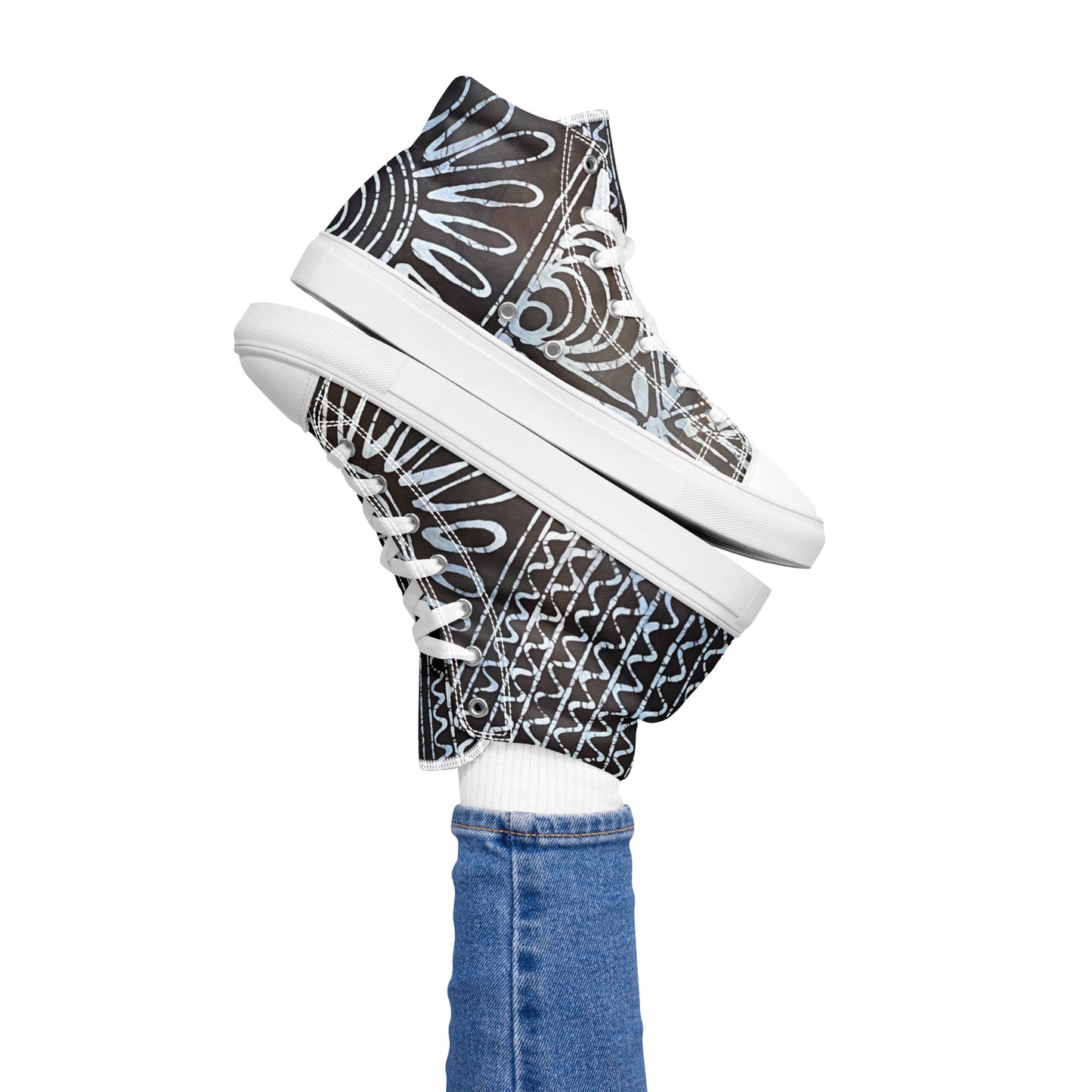 Abstract Cyan Blue Adire Women’s high top canvas shoes