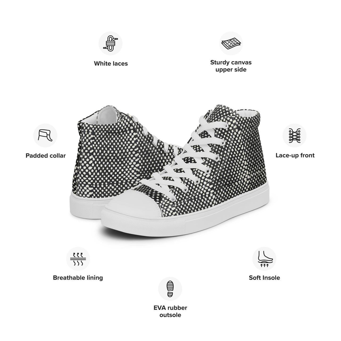 Black White Polka Dots Adire Women’s high top canvas shoes