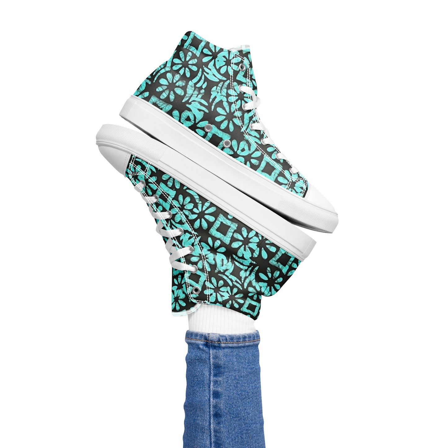 Aqua Abstract Shapes Adire Women’s high top canvas shoes