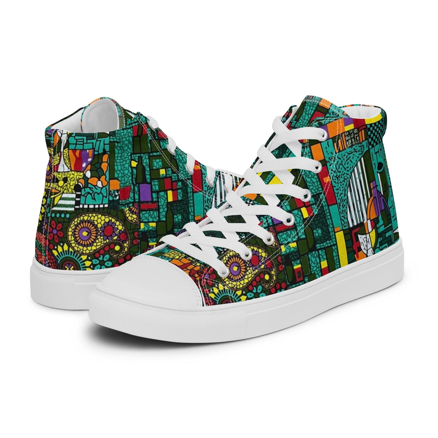 Colourful Green Plants Floral Vase Wine Glass Print Ankara Women’s high top canvas shoes