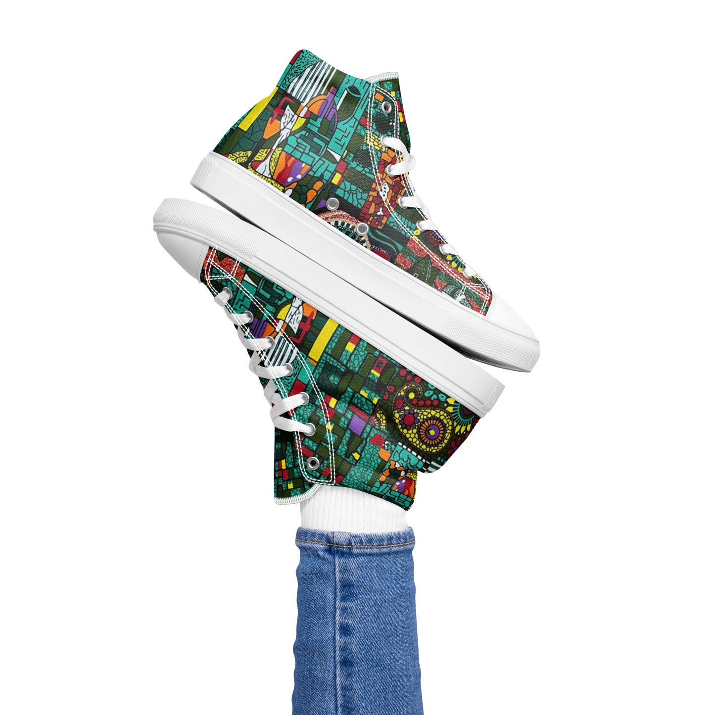 Colourful Green Plants Floral Vase Wine Glass Print Ankara Women’s high top canvas shoes