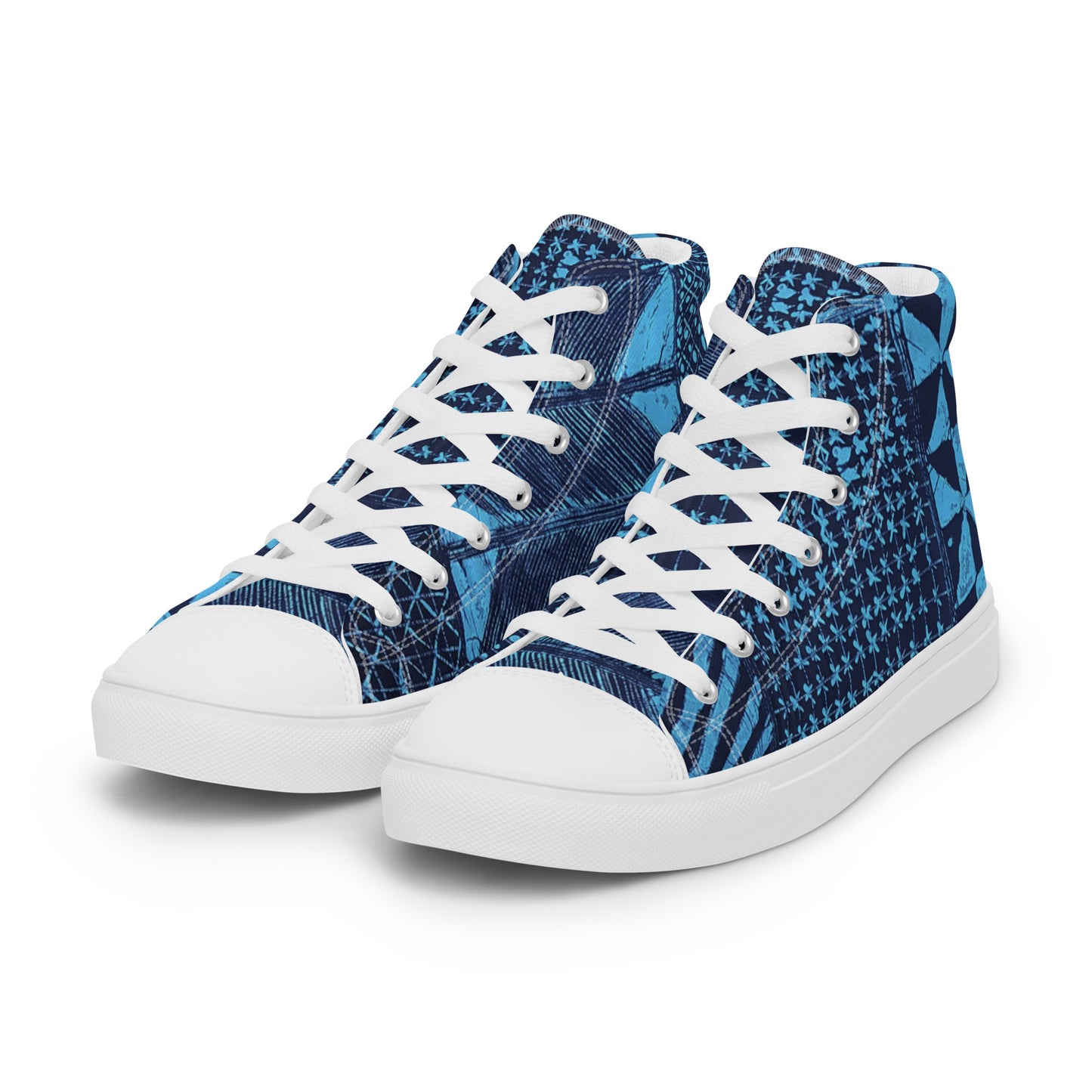 Black And Turquoise Shapes Adire Women’s High Top Canvas Shoes