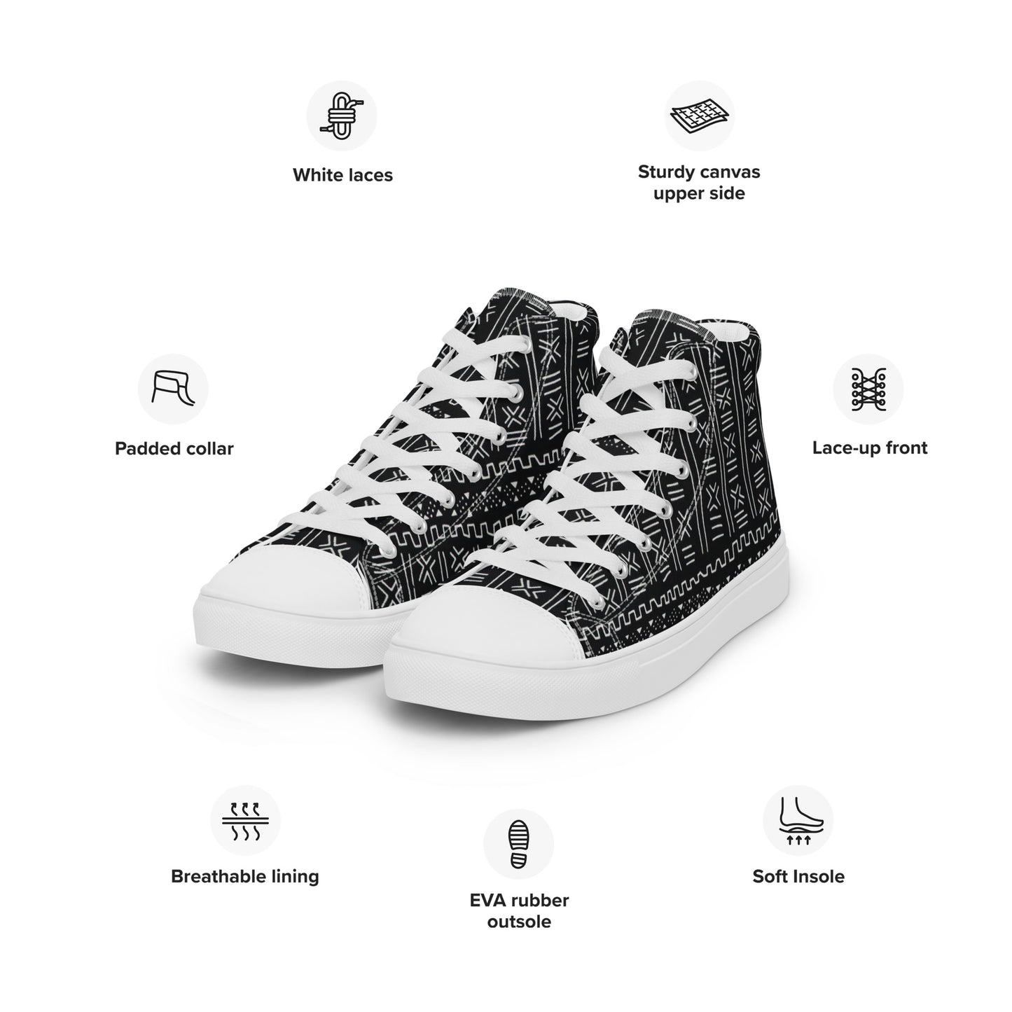 Black White Bogolan Women’s high top canvas shoes