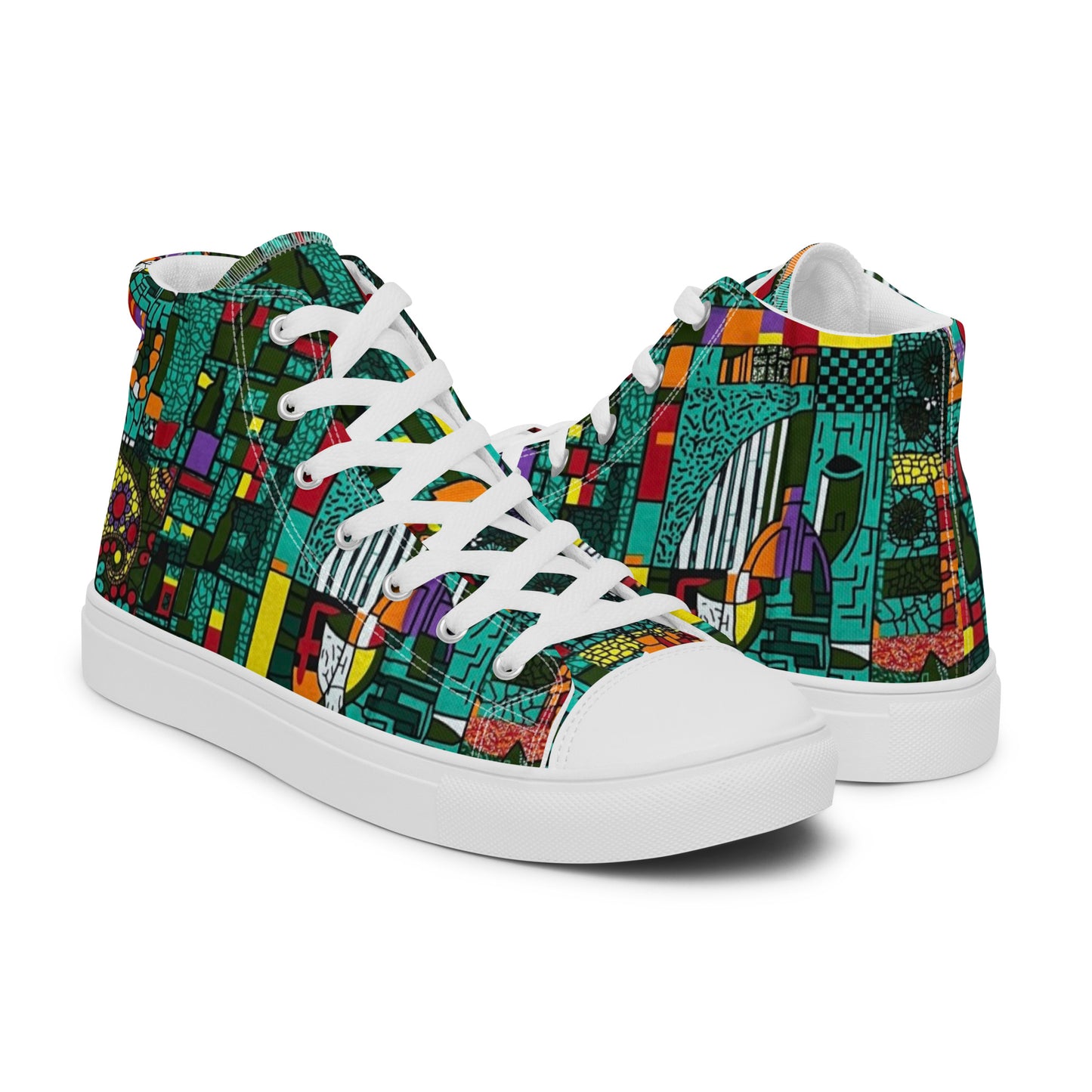 Colourful Green Plants Floral Vase Wine Glass Print Ankara Women’s high top canvas shoes