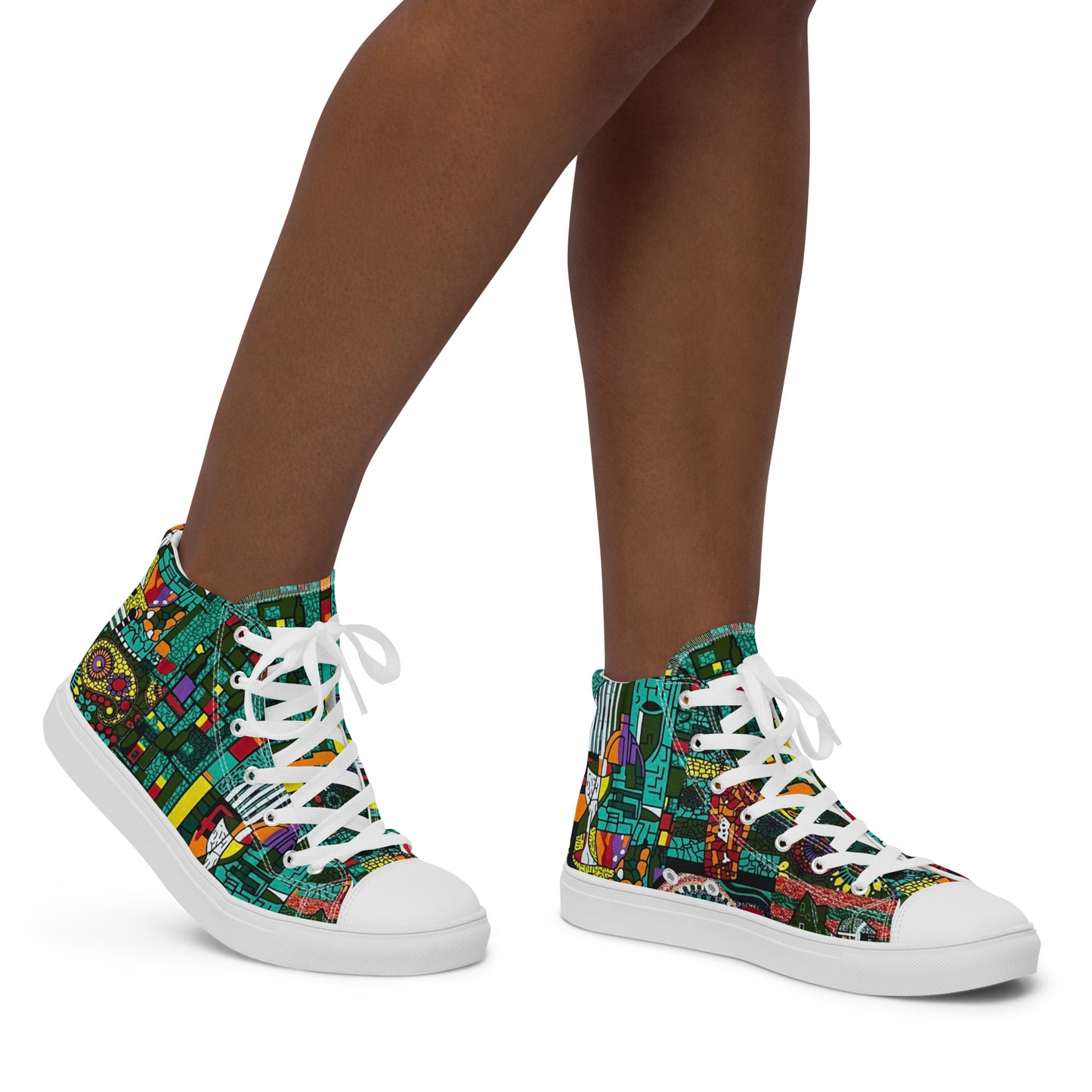 Colourful Green Plants Floral Vase Wine Glass Print Ankara Women’s high top canvas shoes