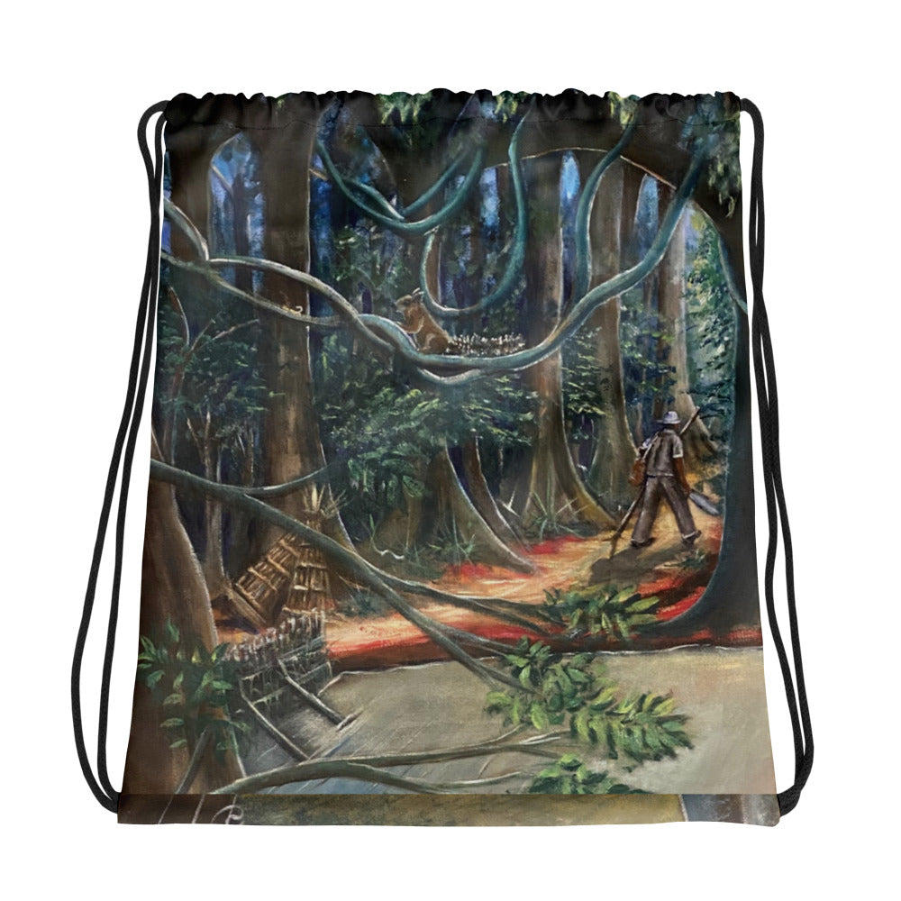 Art Print Canoe/ Fishing Drawstring Bag