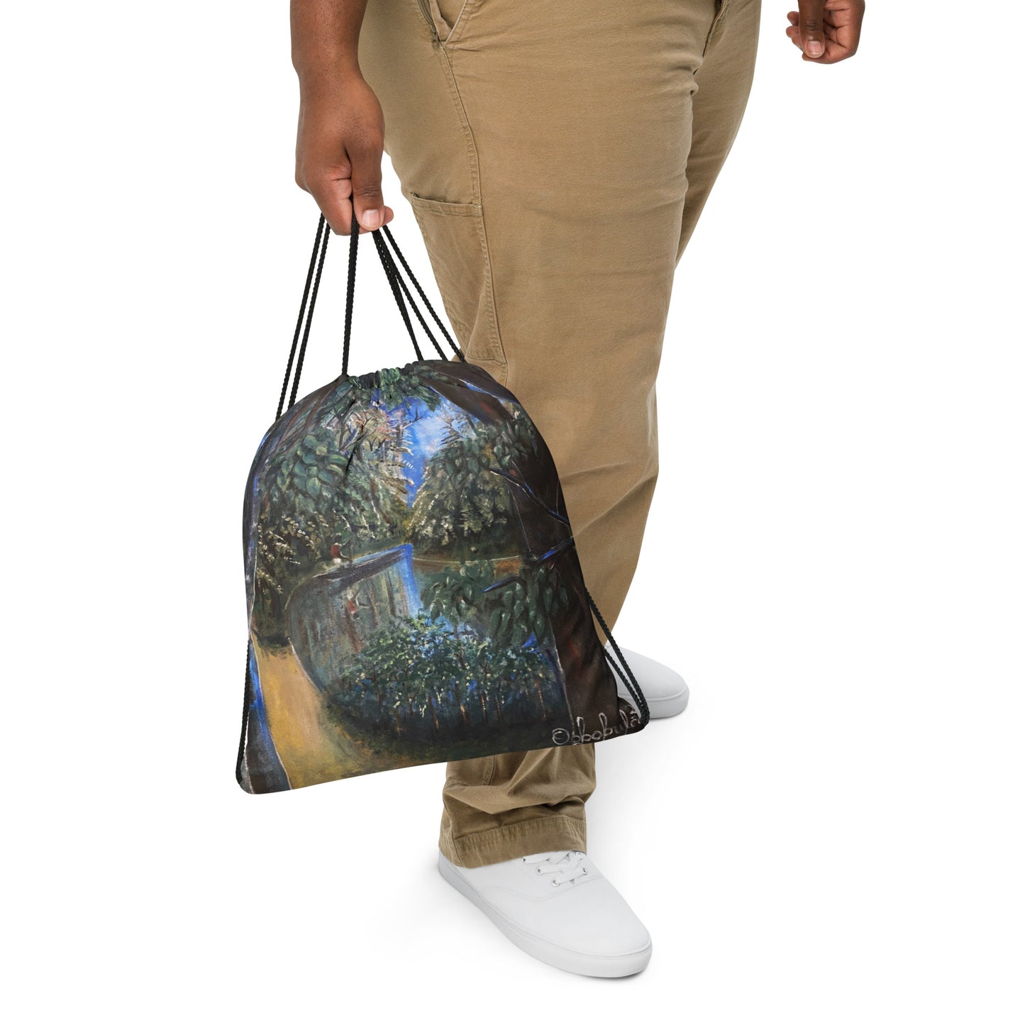 Art Print Canoe/ Fishing Drawstring Bag