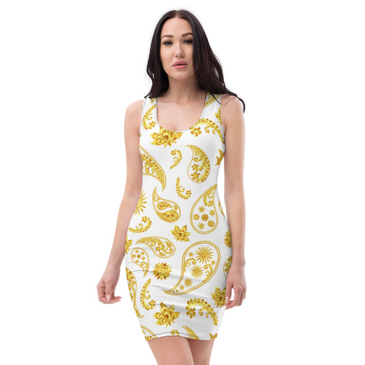 White Gold Paisley Bodycon Dress