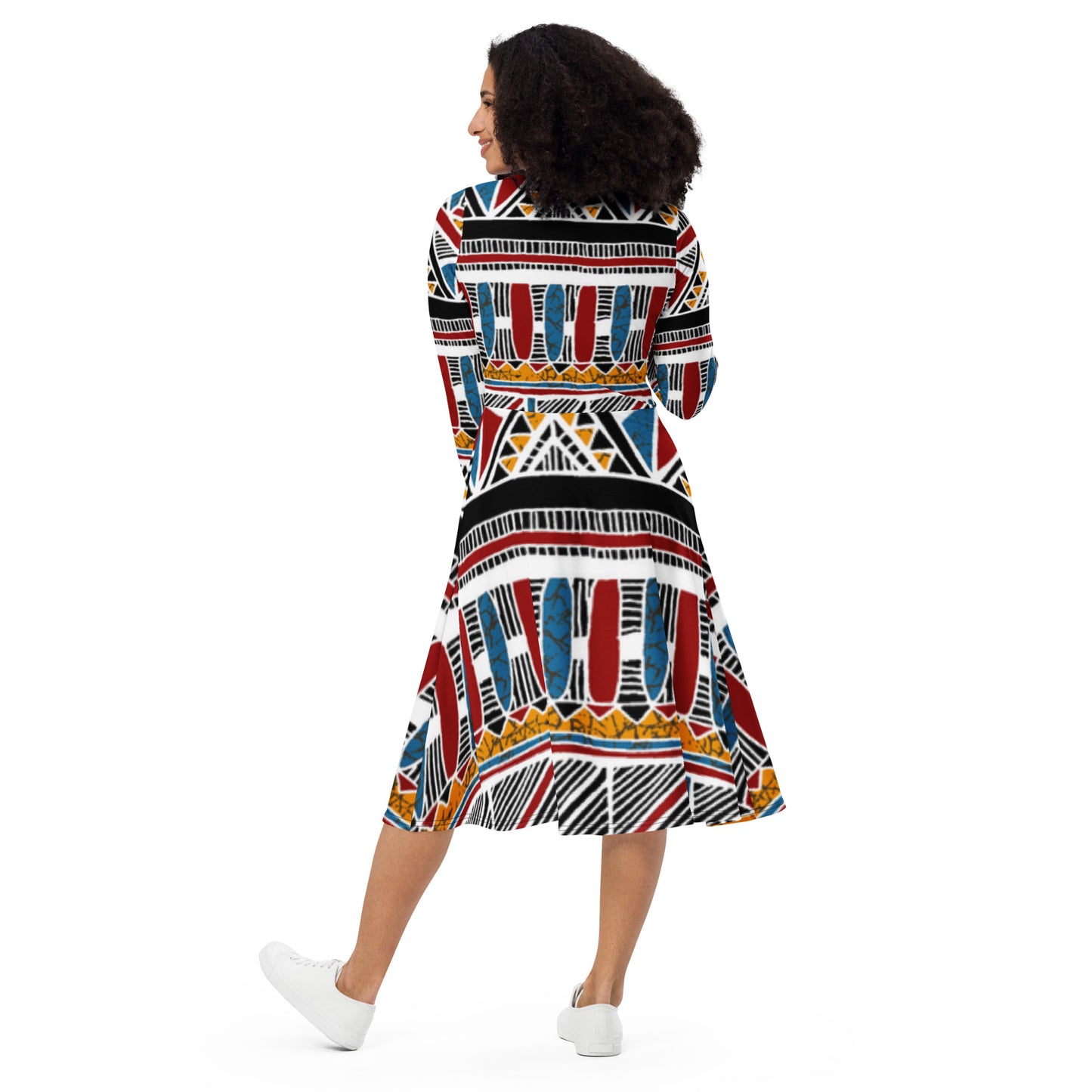 Ethnic print long sleeve midi dress