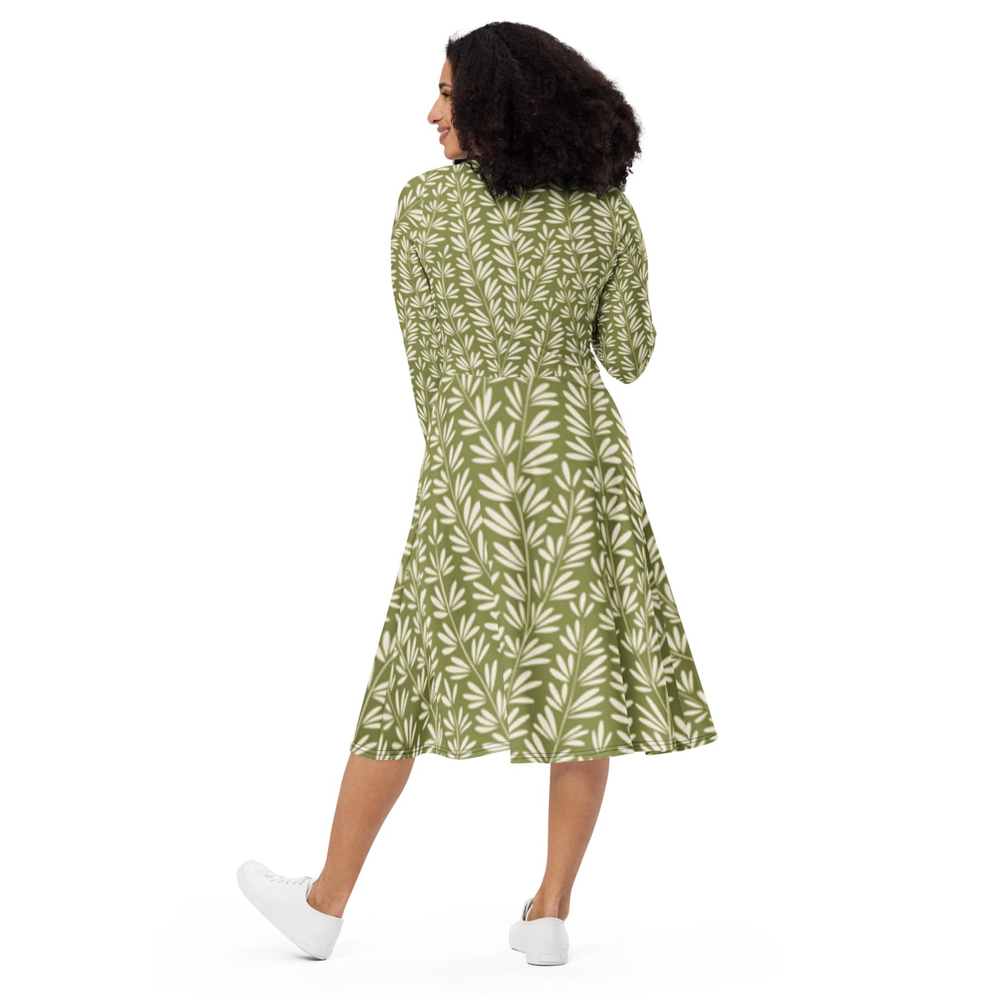 Green Leafy Print Long Sleeve Midi Dress