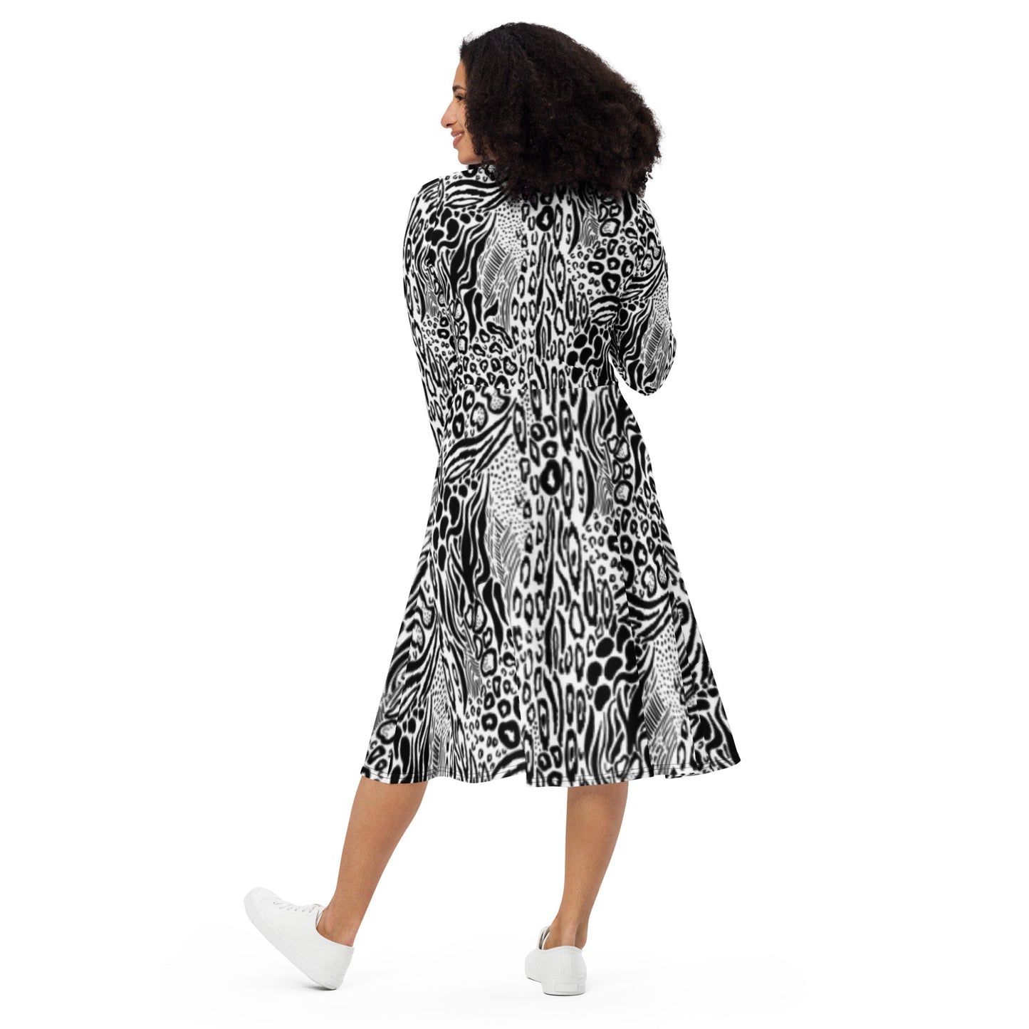 Monochrome Leopard Long Sleeve Midi Dress