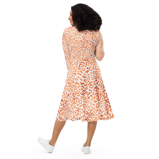 Peach Leopard Long Sleeve Midi Dress