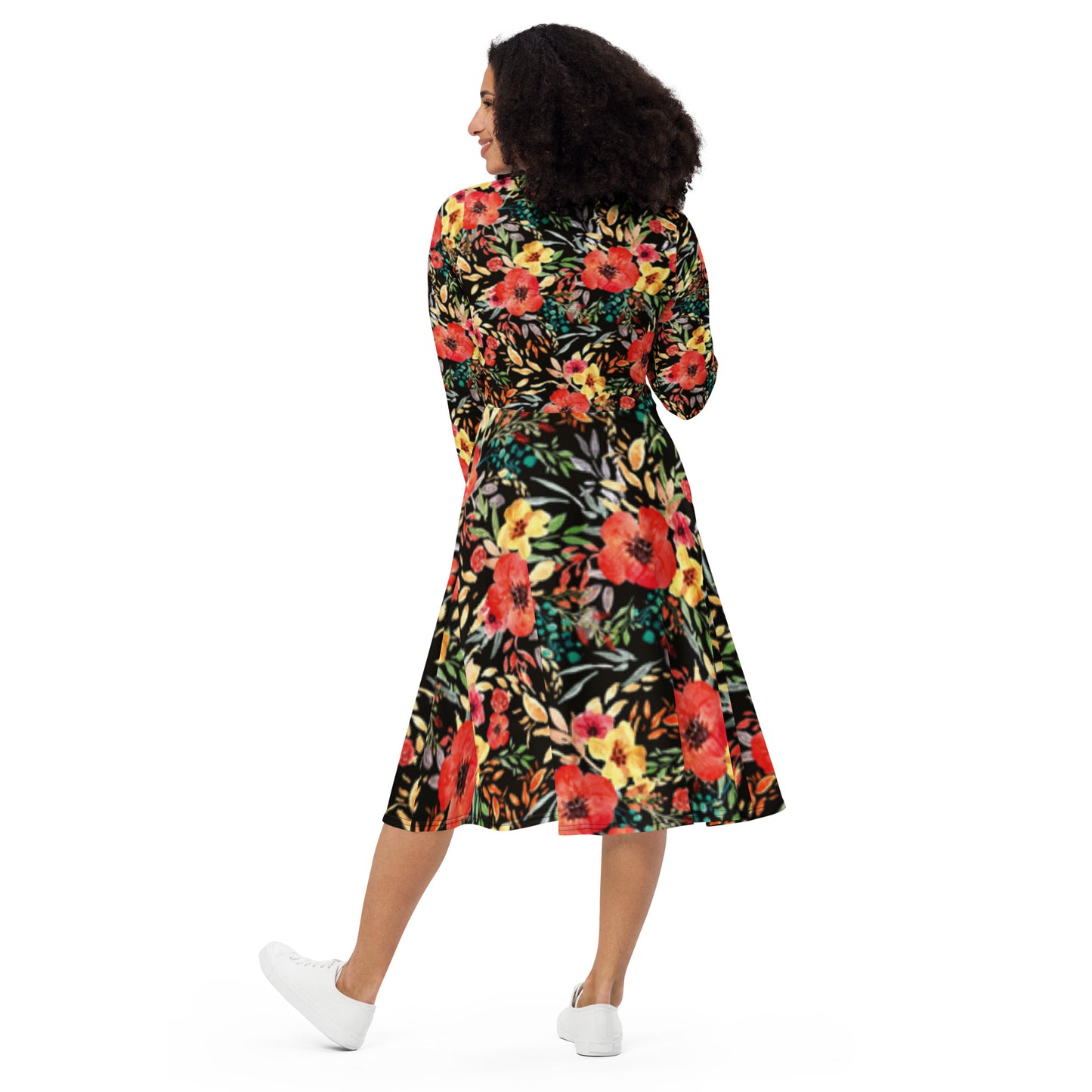 Winter Floral Print Long Sleeve Midi Dress