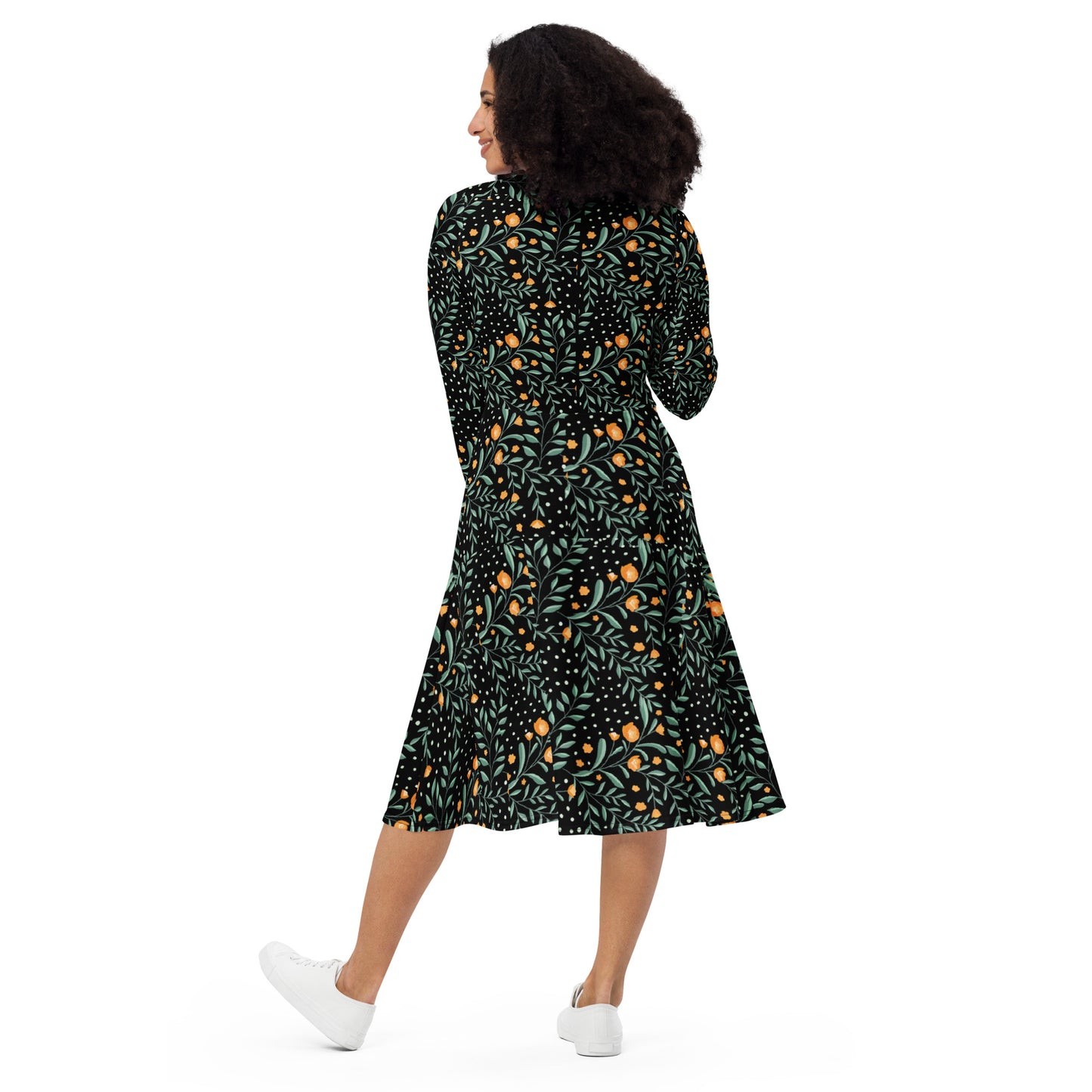 Winter Floral Long Sleeve Midi Dress