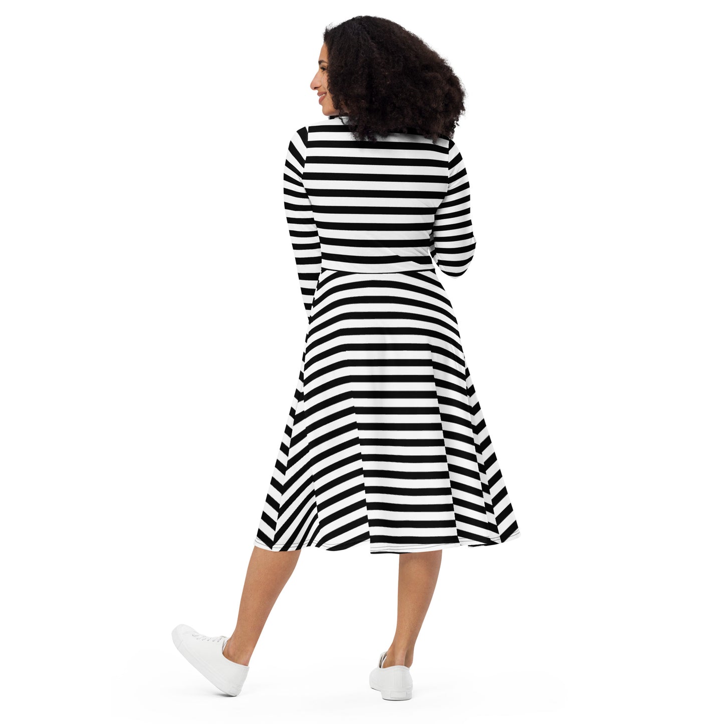 Monochrome Stripe Long Sleeve Midi Dress