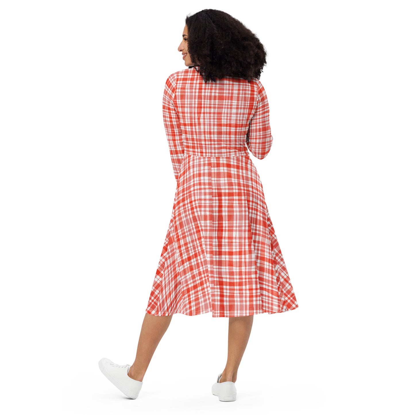 Red Gingham Long Sleeve Midi Dress