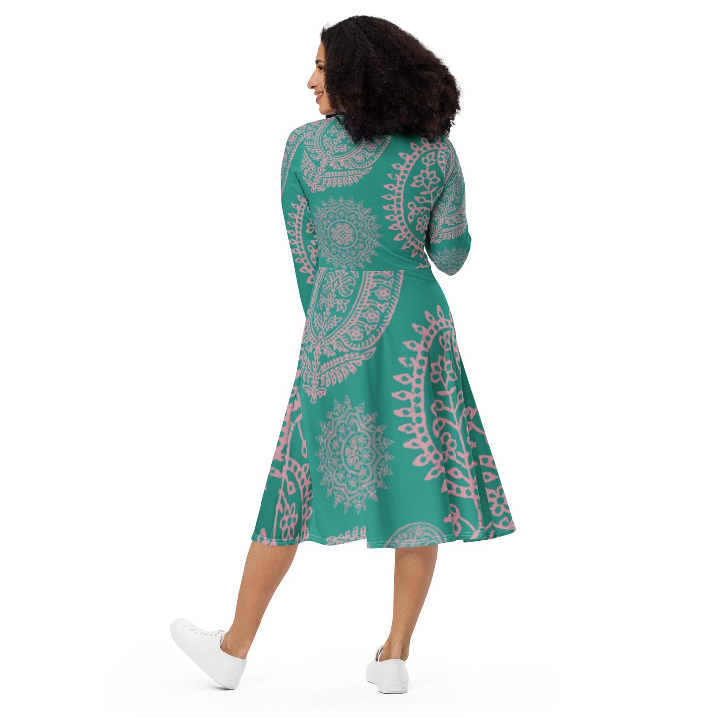 Turquoise Paisley Long Sleeve Midi Dress