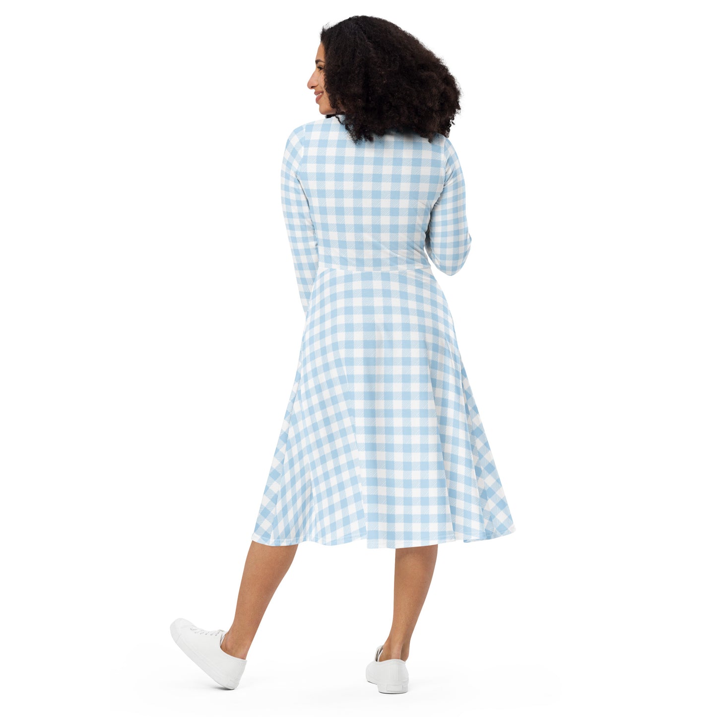 Blue Gingham Long Sleeve Midi Dress