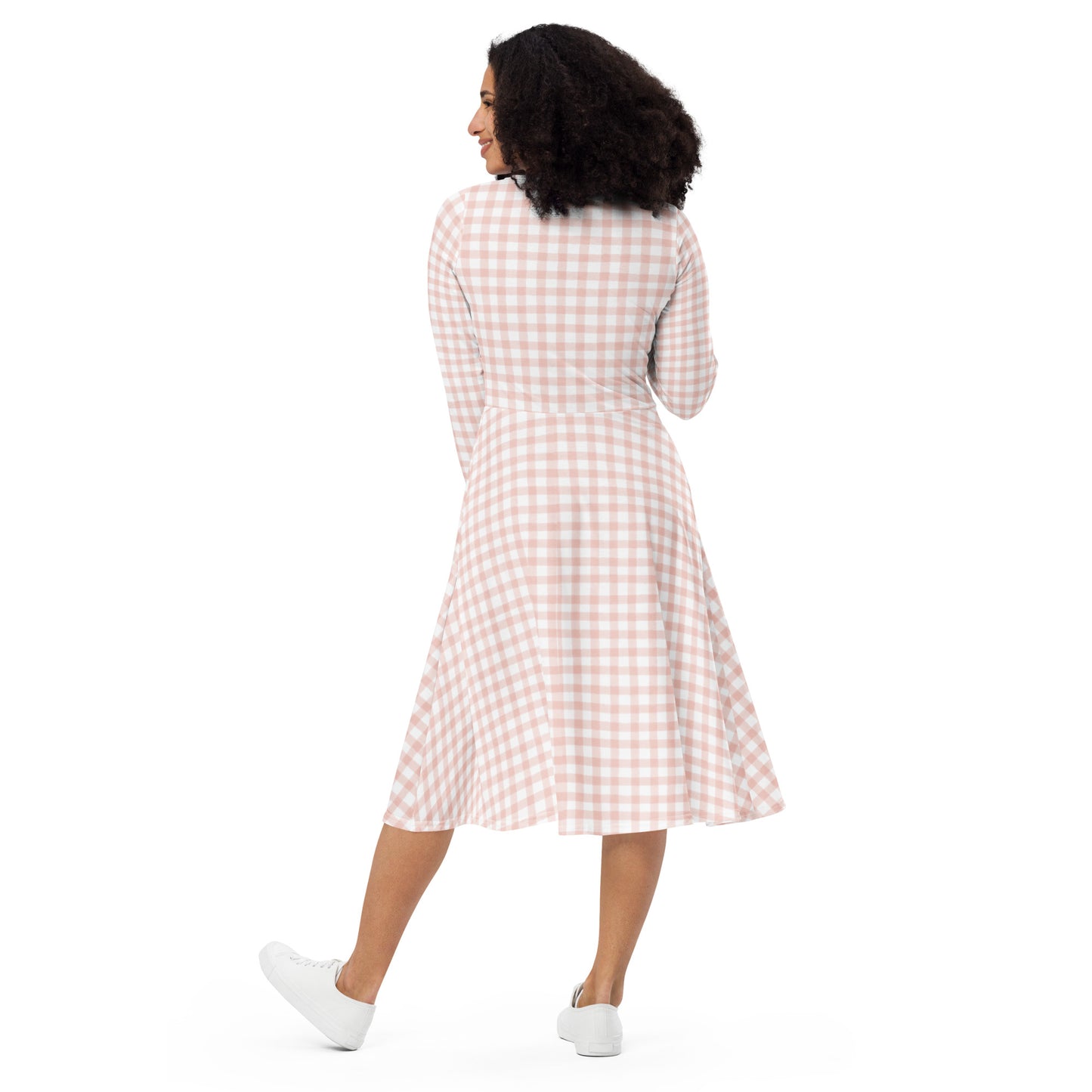 Light Pink Gingham Long Sleeve Midi Dress