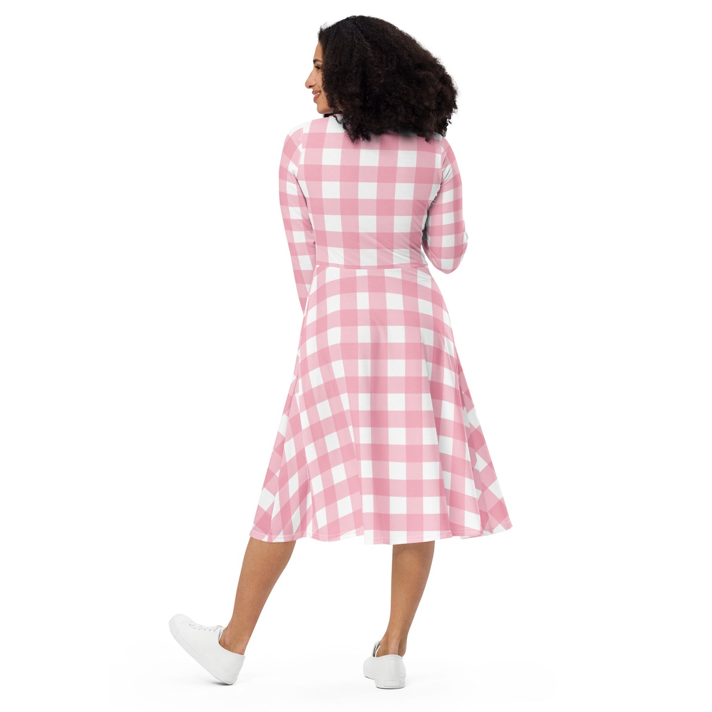 Pink Gingham Long Sleeve Midi Dress