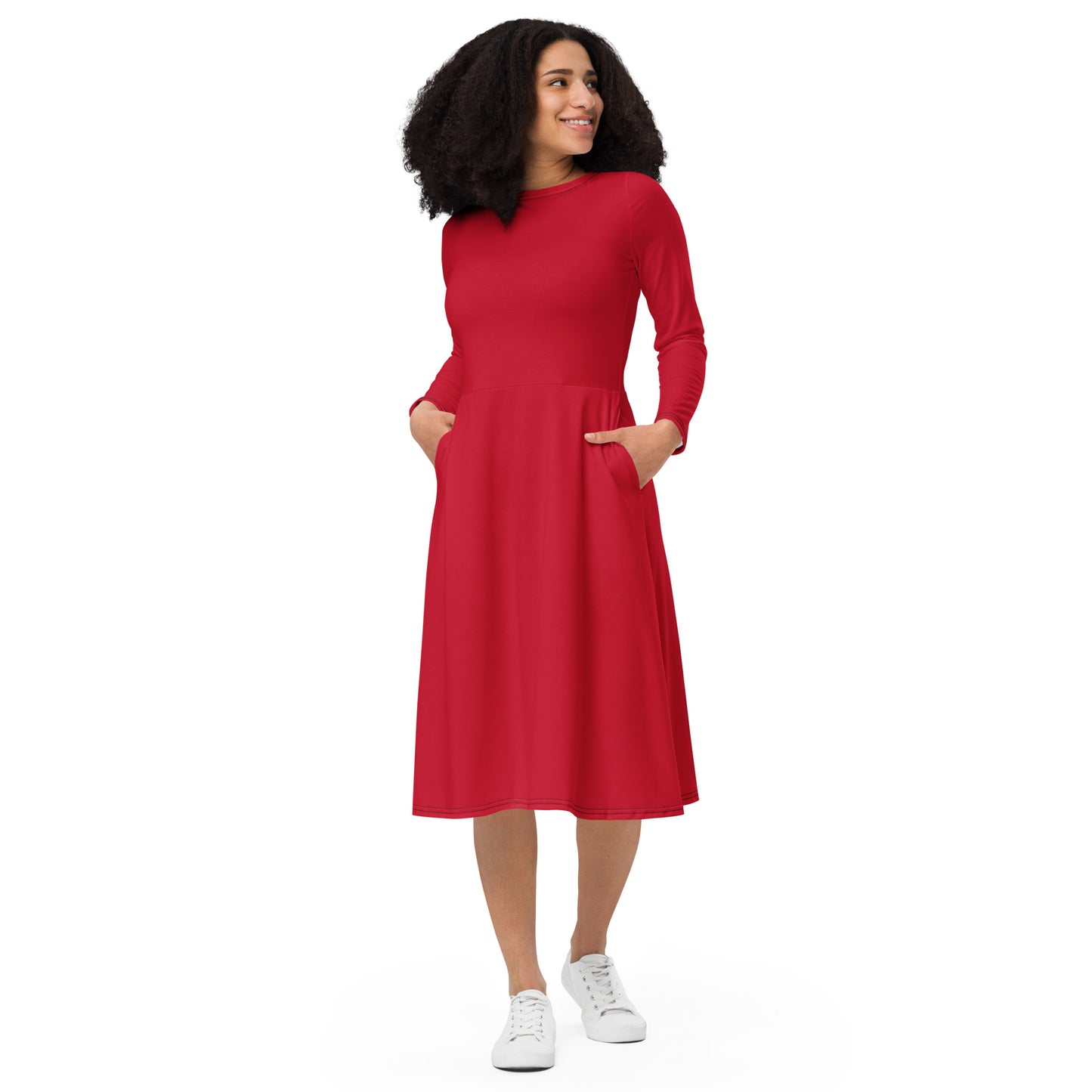 Red Long Sleeve Midi Dress